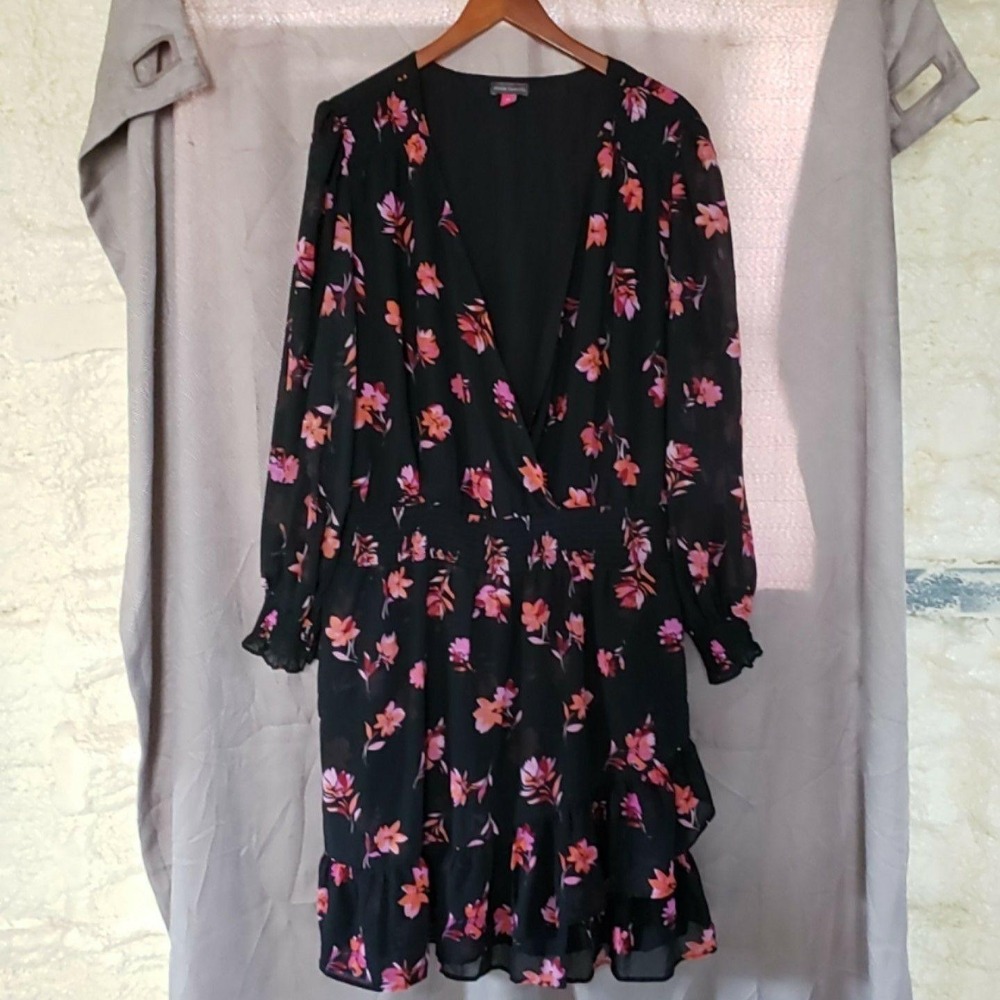 Vince Camuto Dress Womens 3X Black Floral Long Sleeve V Neck Fit & Flare